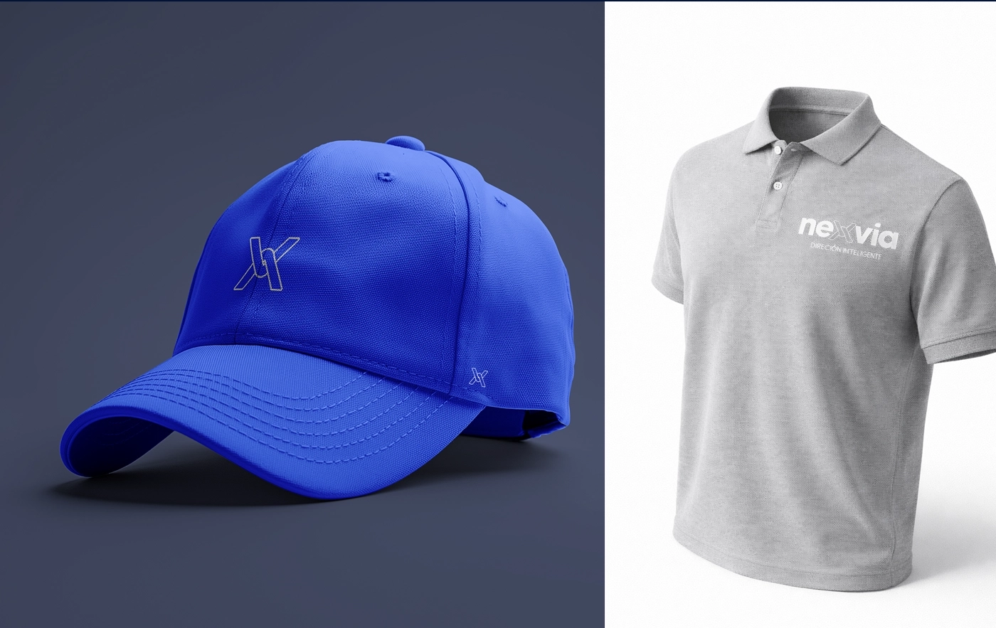 Aplicaci&oacute;n del logo Nexvia en jockey y polera corporativa