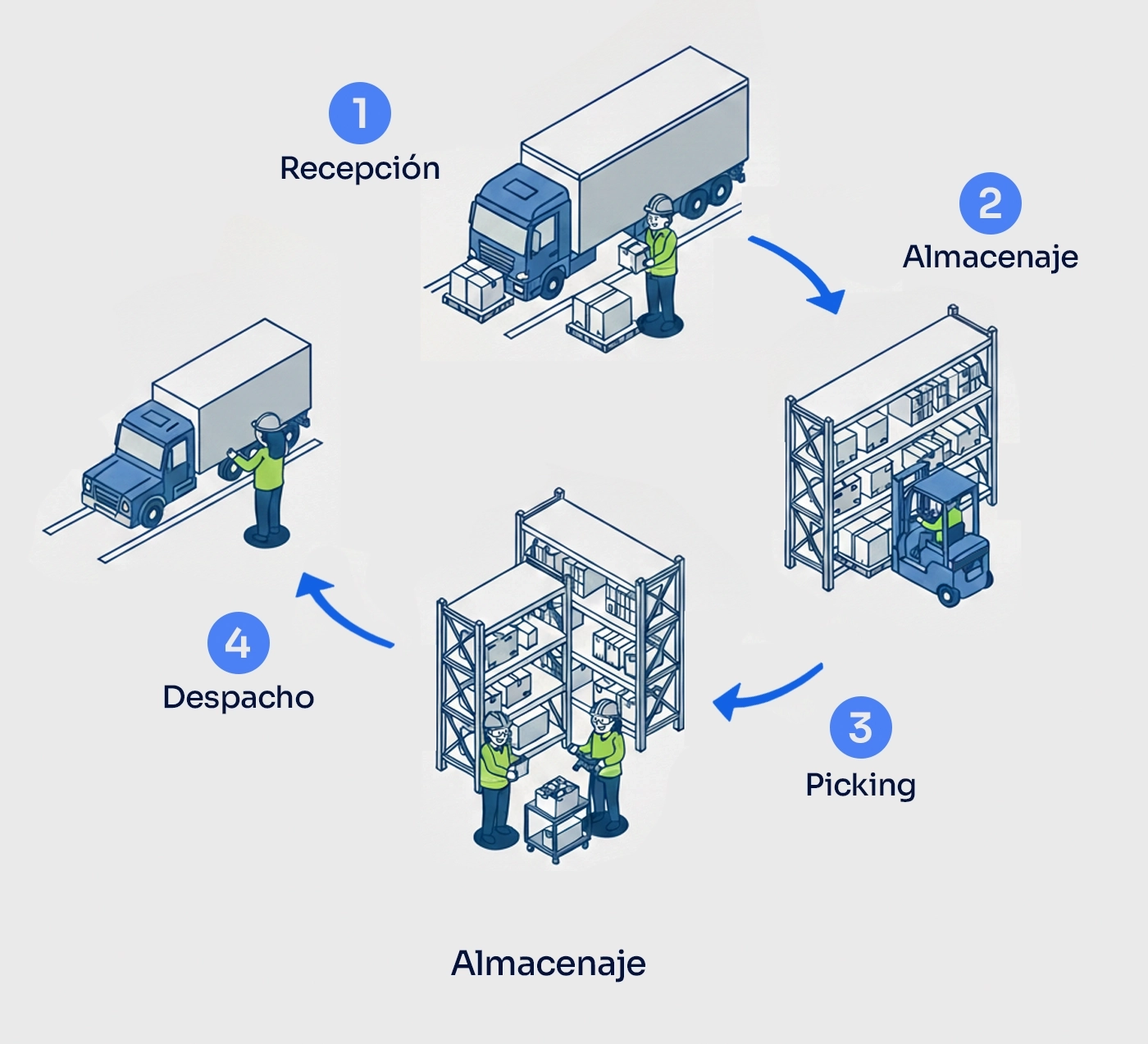 Ilustraci&oacute;n de procesos de gesti&oacute;n log&iacute;stica: recepci&oacute;n, almacenaje, picking y despacho Nexvia