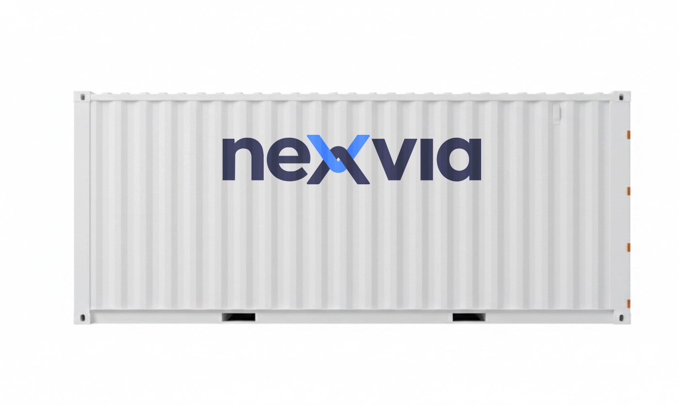 Aplicaci&oacute;n del logo Nexvia en contenedor log&iacute;stico